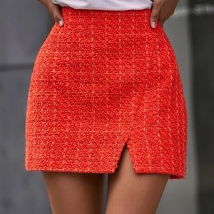 High waist slit tweed skirt